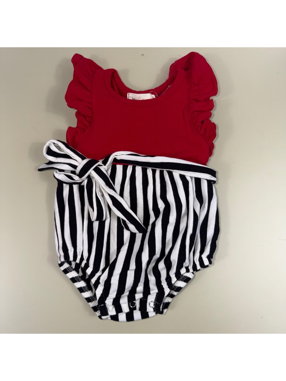 Marie Nicole Girls Red Striped Bubble Romper 6-12M